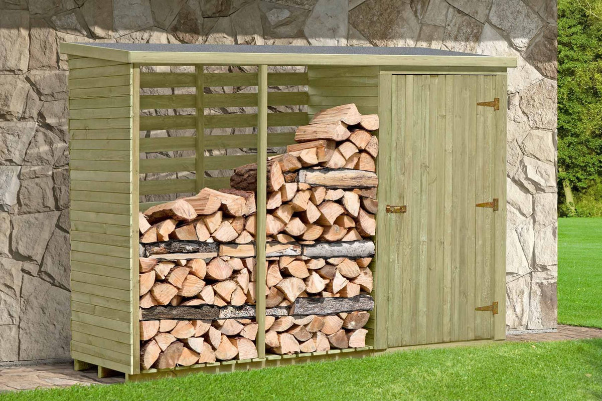 Kaminholzunterstand 06 mit Rückwand und Geräteschrank, Farbe: Grün - aus Kiefernholz - Abmessungen: 280 x 95 x 195 cm (L x B x H)