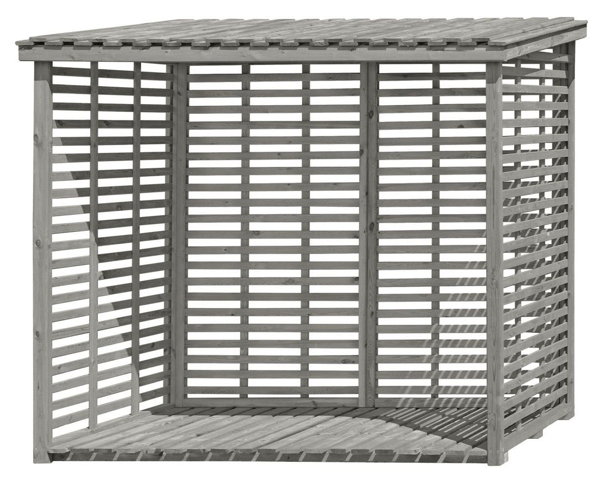 Kaminholzunterstand 02 mit Rückwand, Farbe: Grau - aus Kiefernholz - Abmessungen: 237 x 114 x 203 cm (L x B x H)