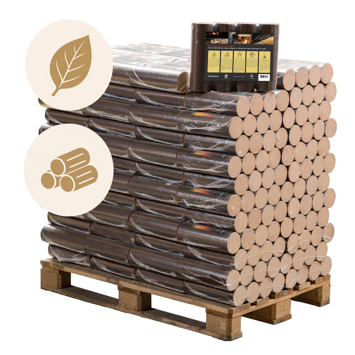 960kg Pollmeier - Runde Buchen Briketts in 10kg-Packungen
