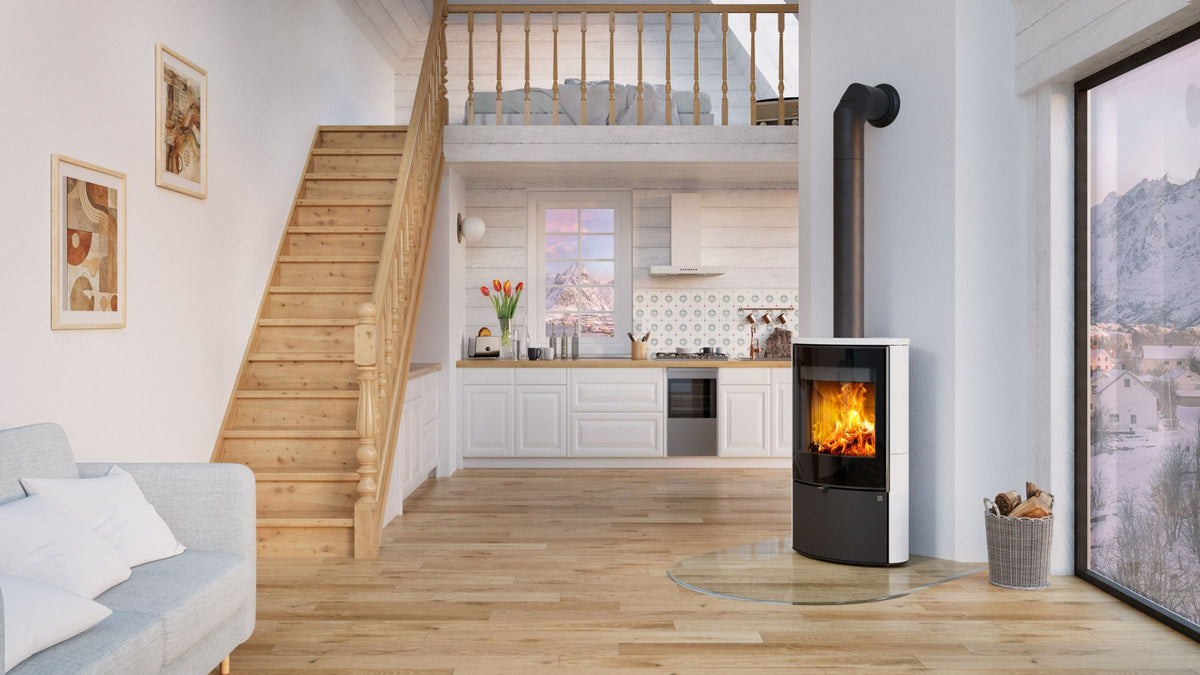 Kaminofen HEIDAL 10 | Außengehäuse aus Keramik | Holzkamin | aus Stahl | Edelstahlgriff| Farbe: Weiß / Schwarz | 6,3 kW