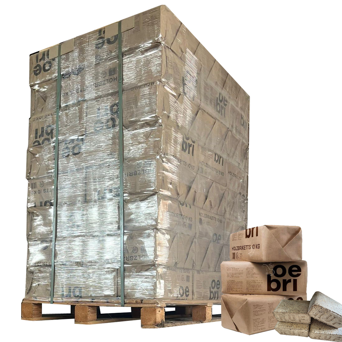 RUF-Briketts Nadelholz in Papierverpackung auf Palette